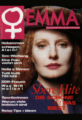 Shere Hite auf dem Cover der EMMA März 1990 - hier in der Ausgabe blättern.