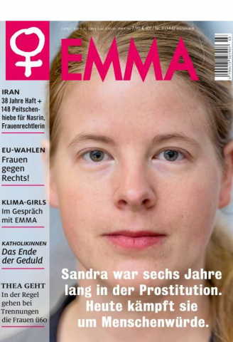 Die Mai/Juni-EMMA 2019 mit einem Schwerpunkt zur Prostitution - und Sandra Norak auf dem Cover.