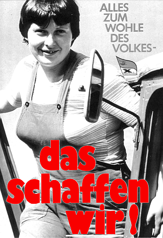 Nein, das Plakat zeigt nicht Angela Merkel, sondern eine unbekannte Genossin. Auch der Slogan ist original.