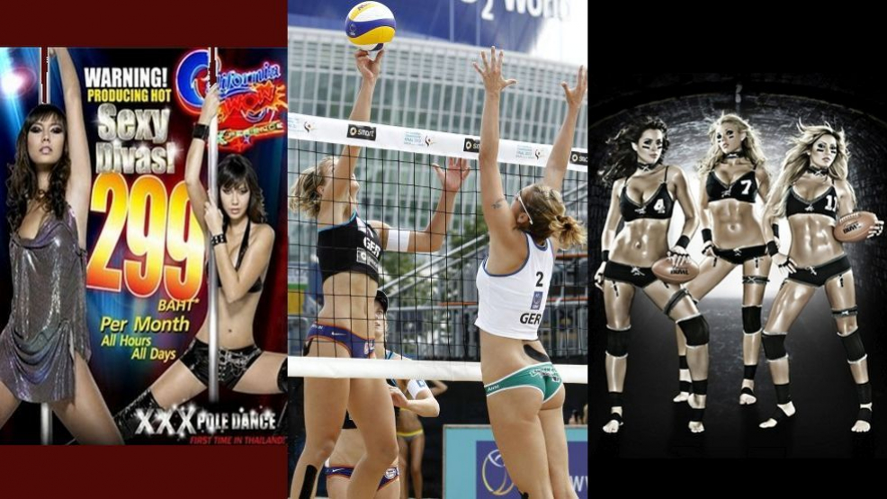 Sport oder Porno? Pole-Dancerinnen, Beachvolleyballerinnen und Footballerinnen.