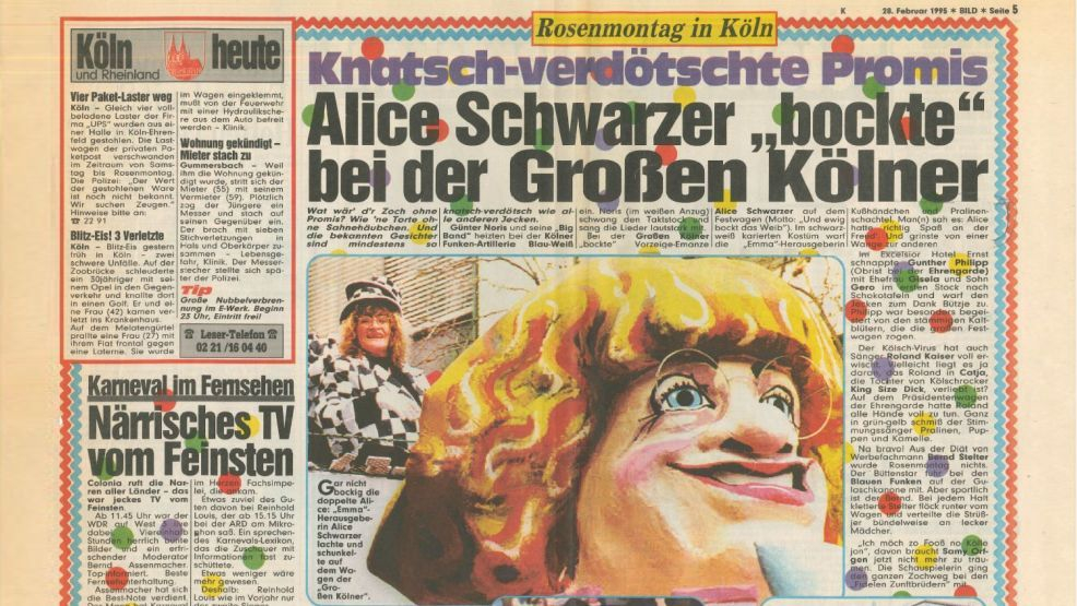 BILD berichtete: Alice 1995 hoch auf dem Wagen der "Großen Kölner" Karnevalsgesellschaft. 